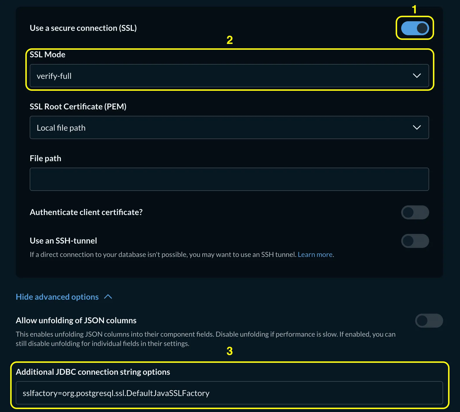 Metabase PostgreSQL SSL settings