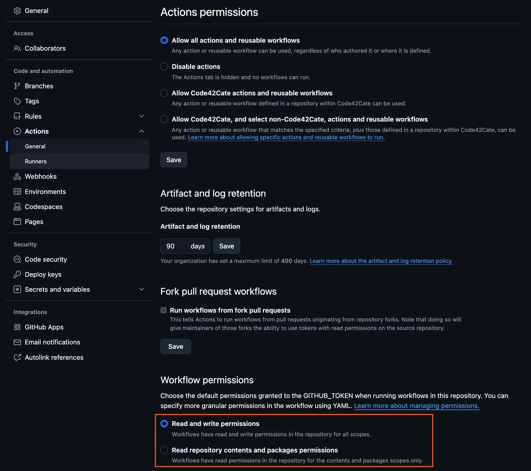 Github Actions Settings