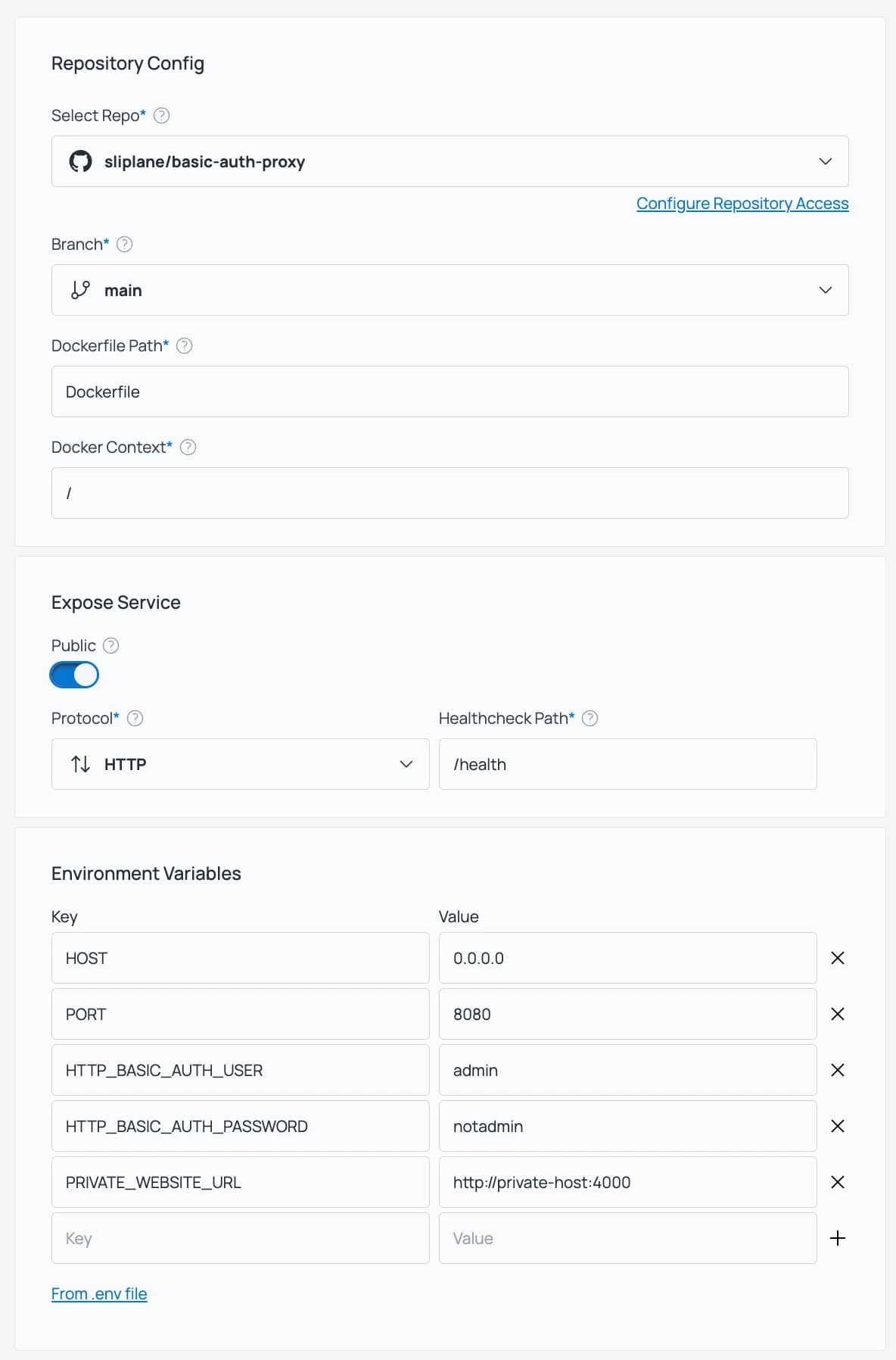 Basic authentication deployment settings in Sliplane